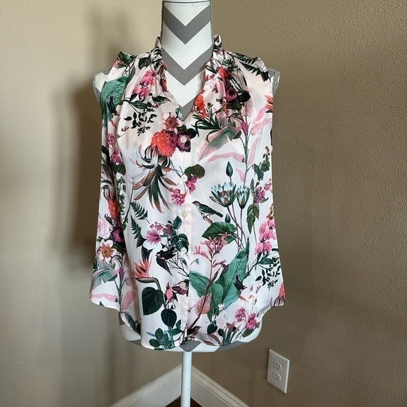 BANANA REPUBLIC PINK TROPICAL/FLORAL SLEEVELESS BLOUSE - Picture 1 of 7